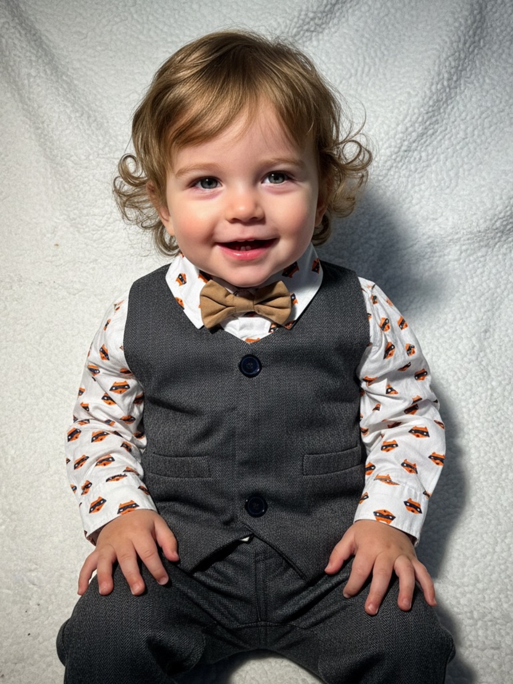 Kids Gray Vest & White Orange Fox Print Shirt Set with Brown Bow Tie